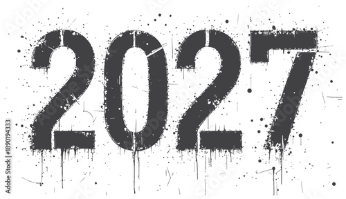 A striking grunge typography artwork displaying the numbers 2027 in bold black on a white canvas, with paint splatters and drips. Modern, edgy, and artistic
