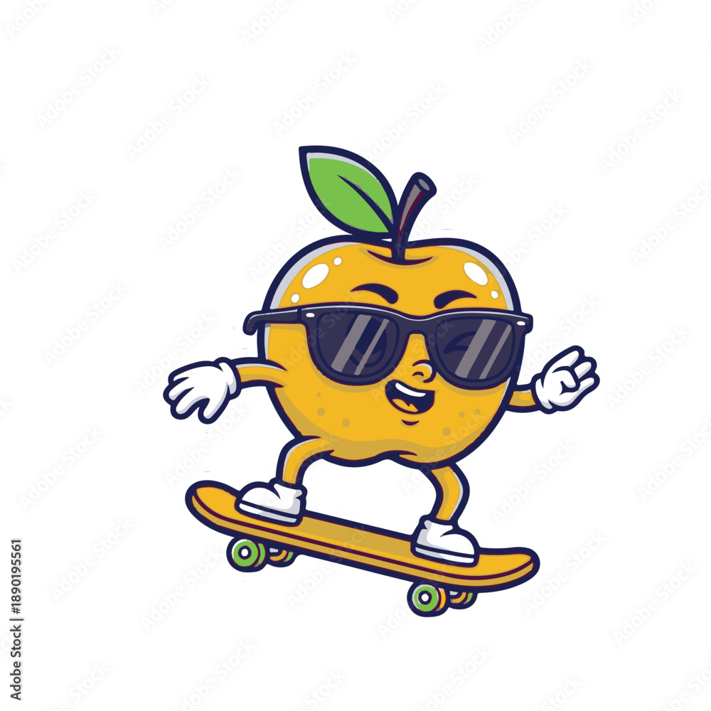 Fototapeta premium A funny cartoon illustration of a cute tomato character riding a skateboard with a happy robot design in a fun comic art style