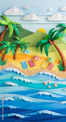 tropical island with palm trees and sea, beach made of paper