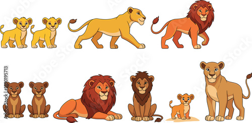 Lion family vector set. Cute cartoon lions in different ages and poses. Male, female and cub illustrations for kids design, wildlife, education and storybooks.