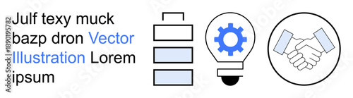 Business development, teamwork, innovation, energy efficiency, collaboration, design concept. Battery icon, gear in light bulb handshake symbol and placeholder text. Innovation and teamwork concept