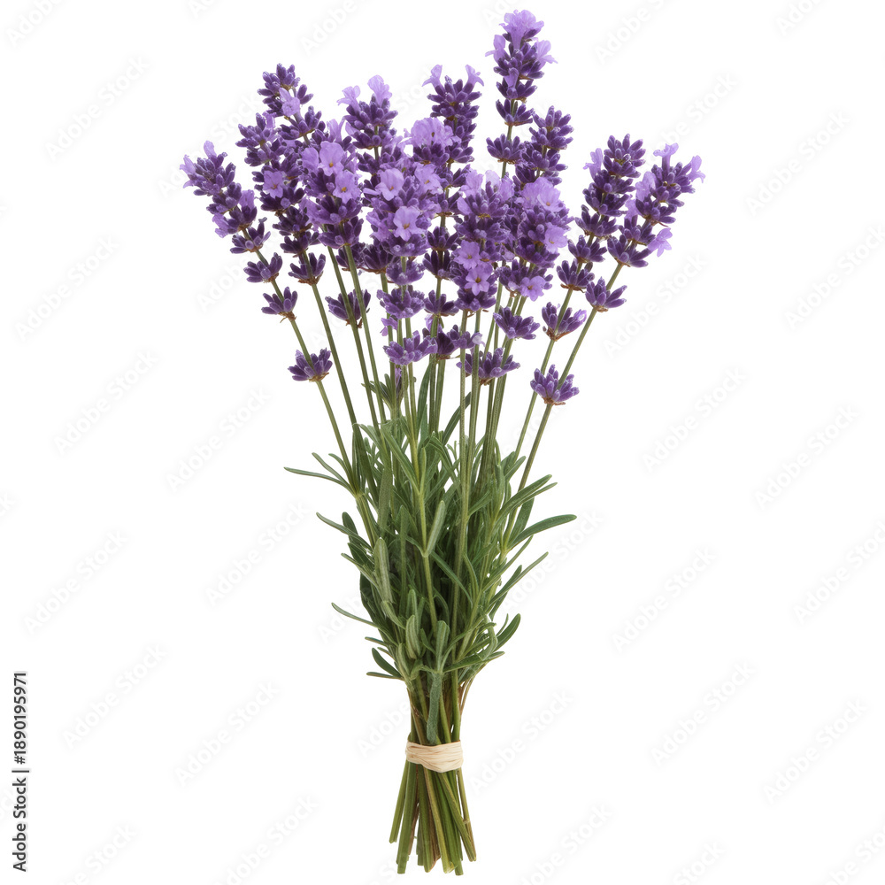 Obraz premium Bundle of Fresh Purple Lavender Flowers Tied with Twine on a Transparent Background, Vibrant Blooming Sprigs, Aromatic Herb Bouquet