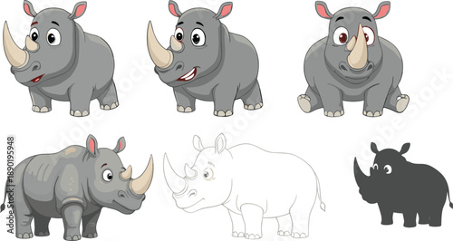 rhinoceros character vector set. Cartoon rhinos with different expressions and styles. Friendly safari animal illustrations for kids design, education and games