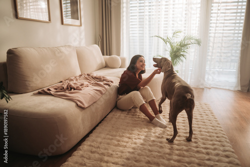 patient woman instructs dog to offer paw, relaxed environment with woman teaching her dog commands