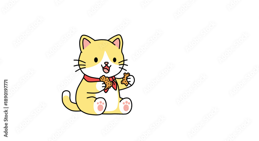Obraz premium Cute ginger cat eating cookies vector illustration. Kawaii kitten holding biscuits, flat cartoon style.