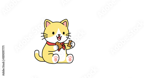 Cute ginger cat eating cookies vector illustration. Kawaii kitten holding biscuits, flat cartoon style.