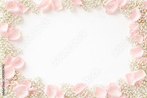 Floral arrangement with pink petals and greenery on a blank background.