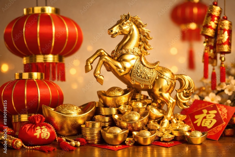 Fototapeta premium Golden horse and lanterns with decorative items for celebration.