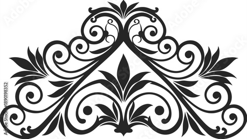 Intricate floral motif with curling stems and leaves in black on white background for design and decoration