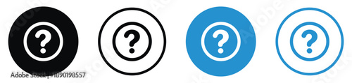 Question mark icons for help and support menus. Professional black and blue circular designs in solid and line styles. Great for customer service, FAQ sections, and informational pop-ups.