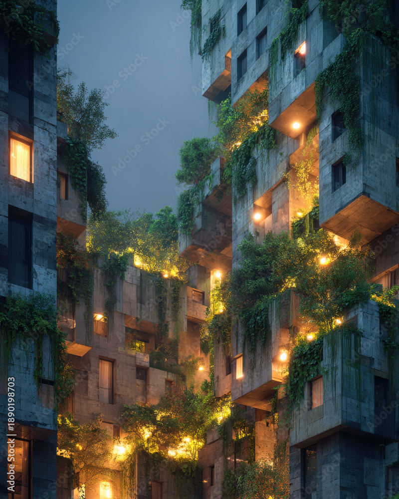 Naklejka premium Stacked vertical mixed material blocks linked by soft luminous pulse lines