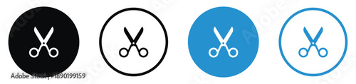 Four circular scissor icons in black and blue line art. Ideal for representing craft, tailoring, editing, or office supplies. Minimalist vector design for versatile web use.