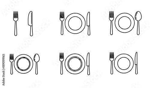 Fork knife spoon and plate icon vector set tableware cutlery symbols isolated on white