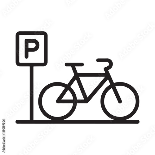 A simple black and white illustration depicts a parking sign and bicycle