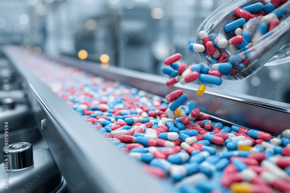 Obraz premium Close-up of capsule filling machine in clean facility, perfect for drug manufacturing, laboratory technology, and GMP concepts.