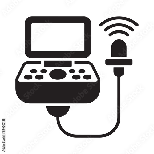 A black and white illustration of an ultrasound machine with a probe
