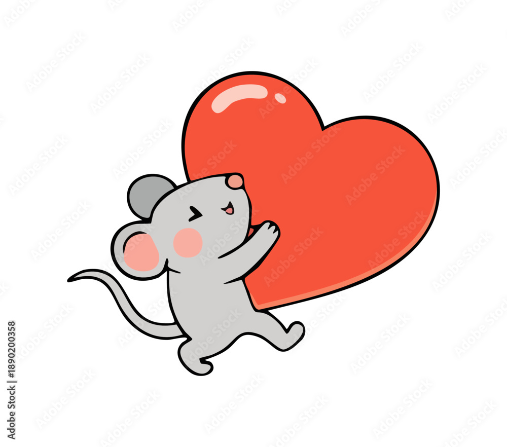 Obraz premium Cute vector illustration of a happy mouse hugging a big red heart. Romantic kawaii cartoon character isolated on white, perfect for Valentine’s Day cards, love designs, kids projects and stickers.