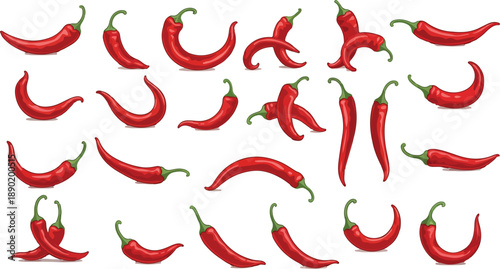 Collection of red chili peppers on white background