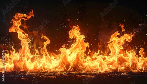 Wallpaper Mural A vibrant, dynamic depiction of fiery flames. The bright orange-yellow tongues of fire dance against a dark background, with embers Torontodigital.ca