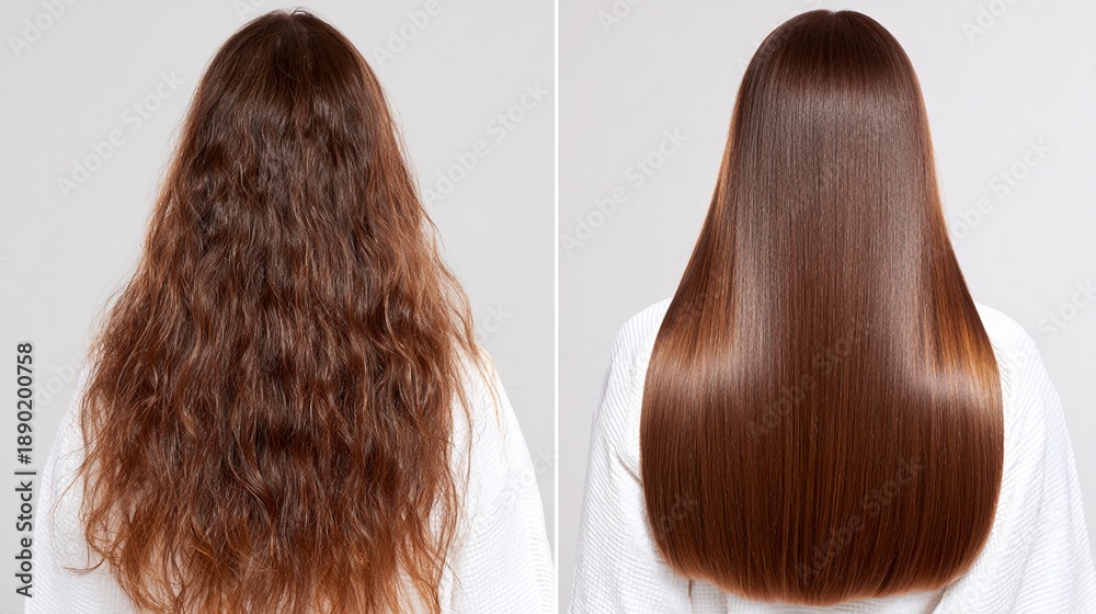 Fototapeta premium Transform your hair from frizzy to sleek with these stunning before-and-after shots showcasing the power of hair treatment and styling techniques for a flawless look.