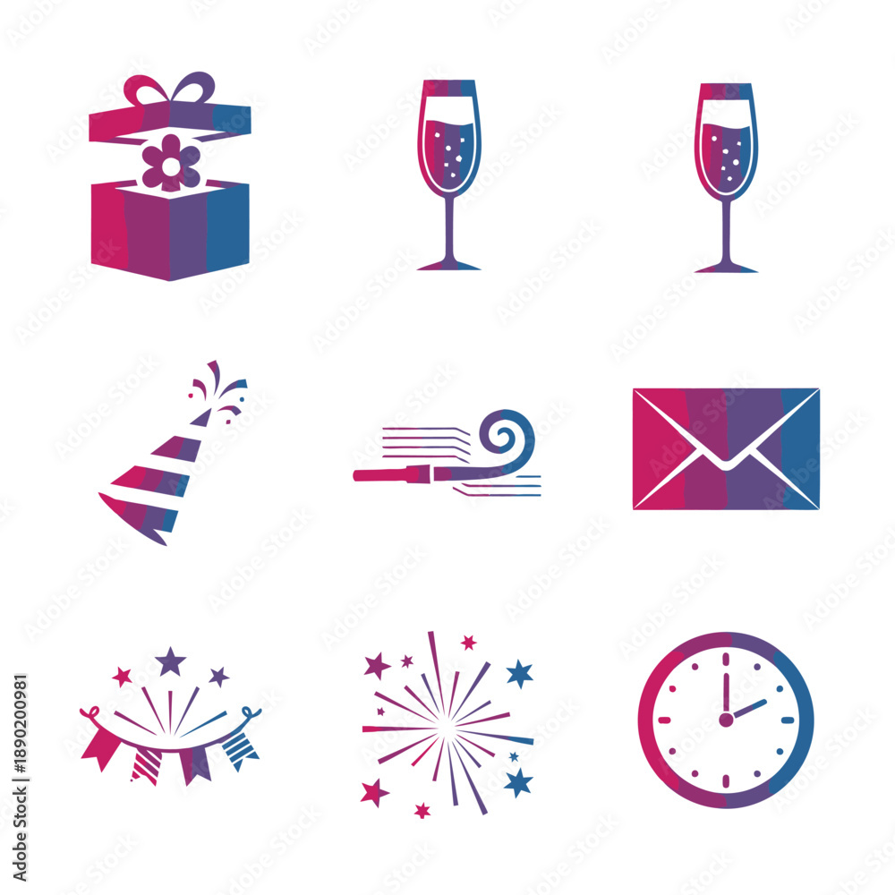 Obraz premium A professional duotone graphic icon set rendered in Magenta and Cyan colors featuring seven modern symbols of celebration, party, and floral delivery on a clean white background