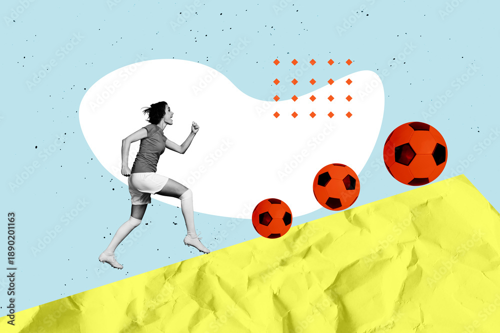 Fototapeta premium Poster trend sketch template 3D photo collage of lifestyle sport dynamic athlete fitness practice young lady run play football outdoors