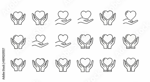 Hand holding heart icons set in minimalist black line art design on white