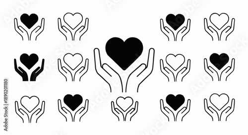 Collection of hand holding heart icons in various designs and styles