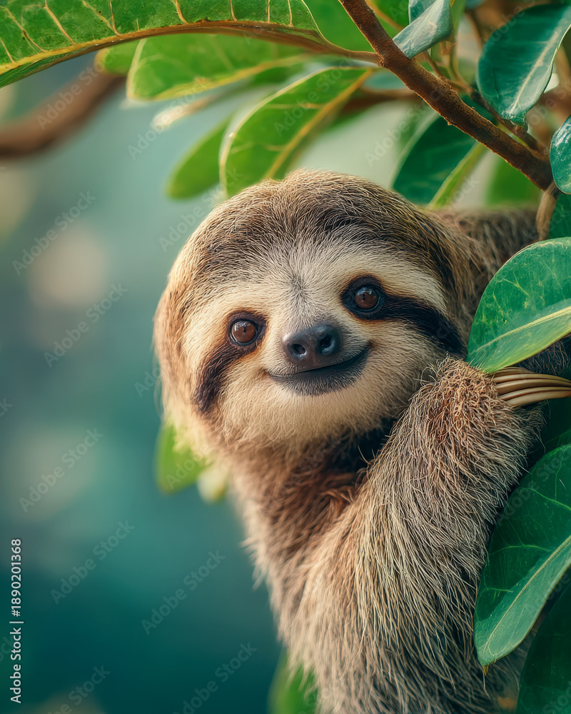Fototapeta premium Smiling sloth hanging from branch in lush rainforest canopy, tranquil wildlife portrait
