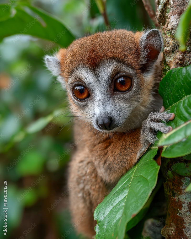 Fototapeta premium Curious brown lemur gripping tree branch with wide expressive eyes in tropical forest habitat