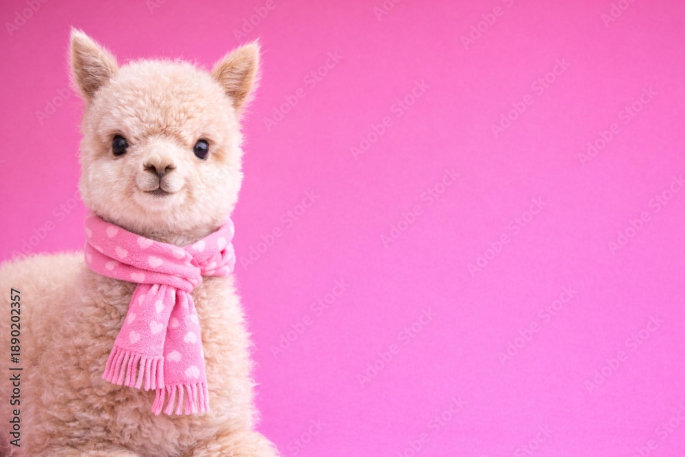 Fototapeta premium Adorable Alpaca with Pink Heart Scarf on Vibrant Valentine Background