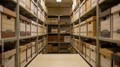 Archive box storage shelving document records room aisle of cardboard file boxes metal shelves conveying organized historic