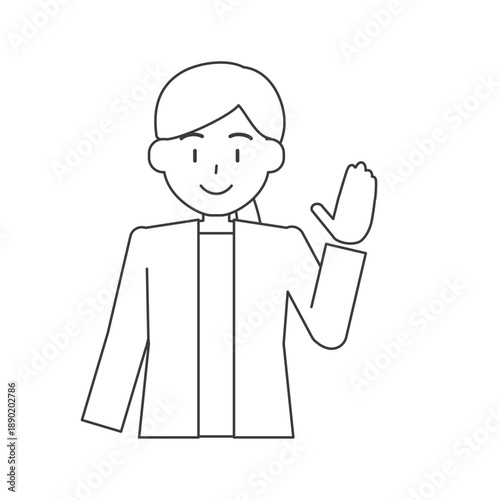 手を上げて発言する女性の線画イラスト　正面の人物素材