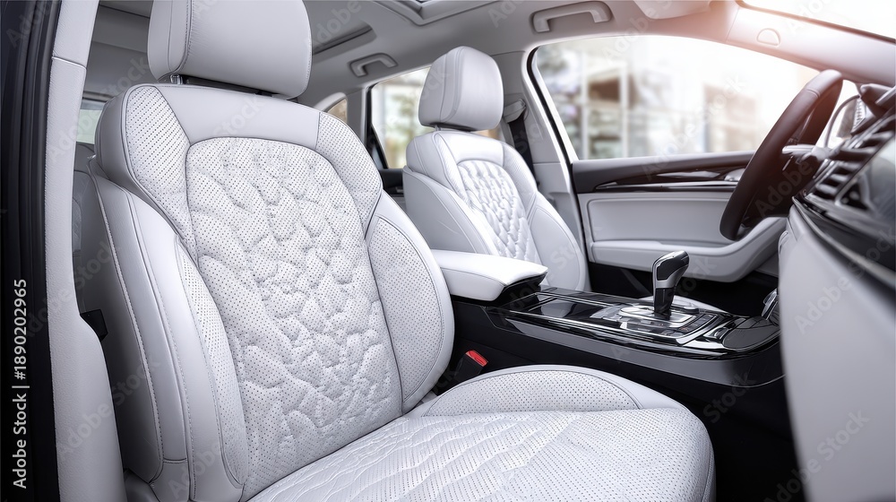 Fototapeta premium Luxury car interior with bright white leather seats, stitching, and detailing. Show the quality of the seats for car reviews or advertisements.