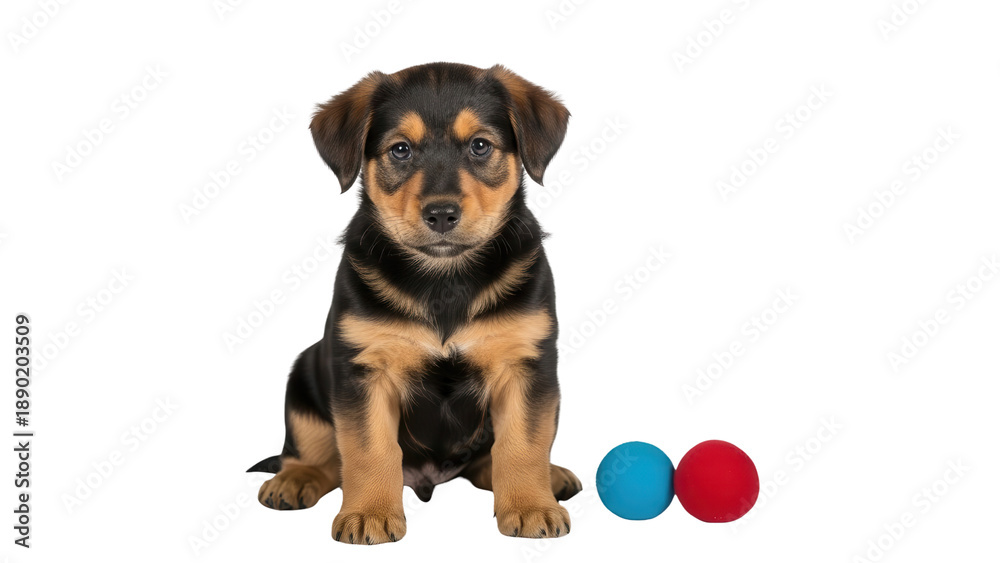 Obraz premium Black and tan puppy dog sitting with red and blue toy balls, isolated PNG with Transparent Background
