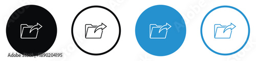Set of folder icons with an outgoing arrow, symbolizing file sharing, exporting, or data transfer. Clean outline and solid styles in black and blue for software and web applications.