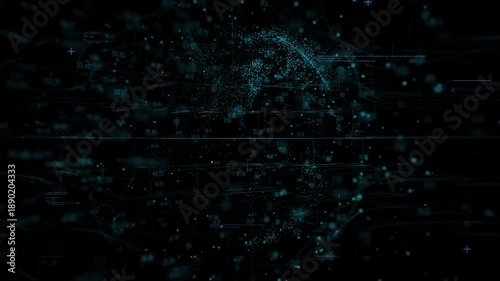 Futuristic data visualization with dynamic blue particles on dark background show Global network connection with data flow