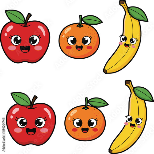 Cartoon fruit characters with smiling faces, apple orange banana set, kids learning illustration, cute expressive fruits, vector art for children
