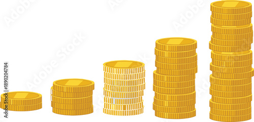 Cartoon gold coin stack set, increasing height money growth concept, financial savings investment wealth accumulation vector illustration for kids