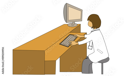 パソコン操作する白衣の女性/Illustration of a white-clad woman working on a computer