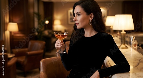 Elegant woman in a black dress holding a cocktail in a luxurious bar at night for a sophisticated evening concept and refined lifestyle