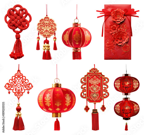 PNG Traditional Chinese festive decorations vibrant, element set on transparent background