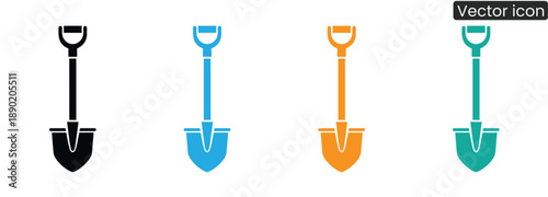 Vibrant shovel icons in four colors for construction and gardening projects