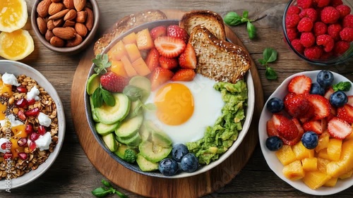 Wallpaper Mural Overhead healthy breakfast spread with egg avocado toast berries and granola on rustic wooden table Torontodigital.ca