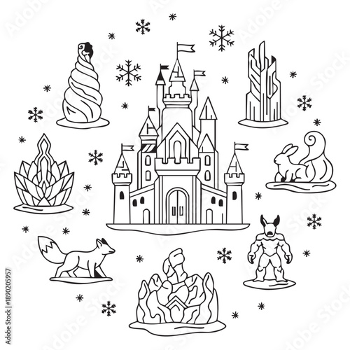 Japan ice castles and snow sculptures, outline illustration, high-quality stock vector