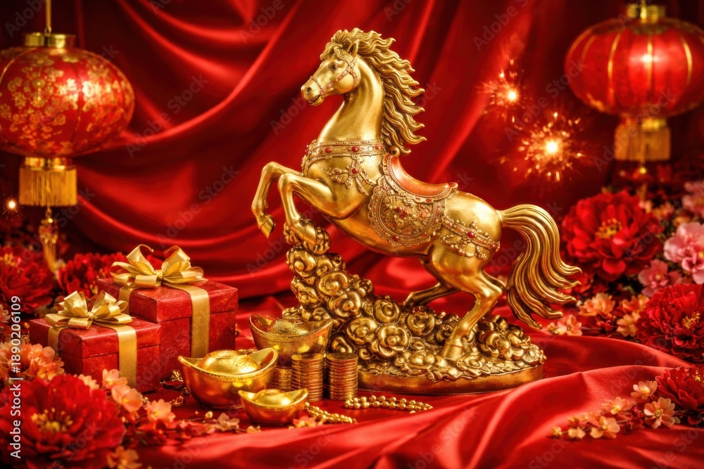 Fototapeta premium Golden horse figurine with red decorations and festive elements.