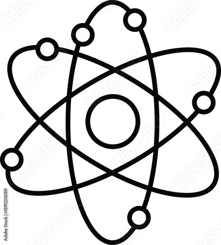 Black atomic structure diagram with orbiting electrons on white science