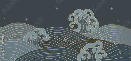 Abstract blue ocean Japanese wave background with a modern design featuring lines, Gold line Chinese sea waves banner, decor boarder