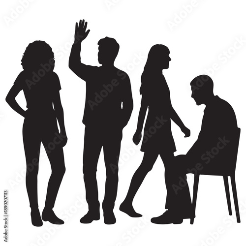 Minimalist black vector silhouettes of men and women in diverse poses, clean and modern human figures for graphic design and branding.