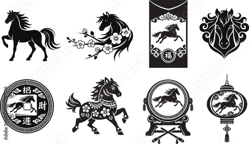 Chinese zodiac horse icons set with traditional ornamental designs